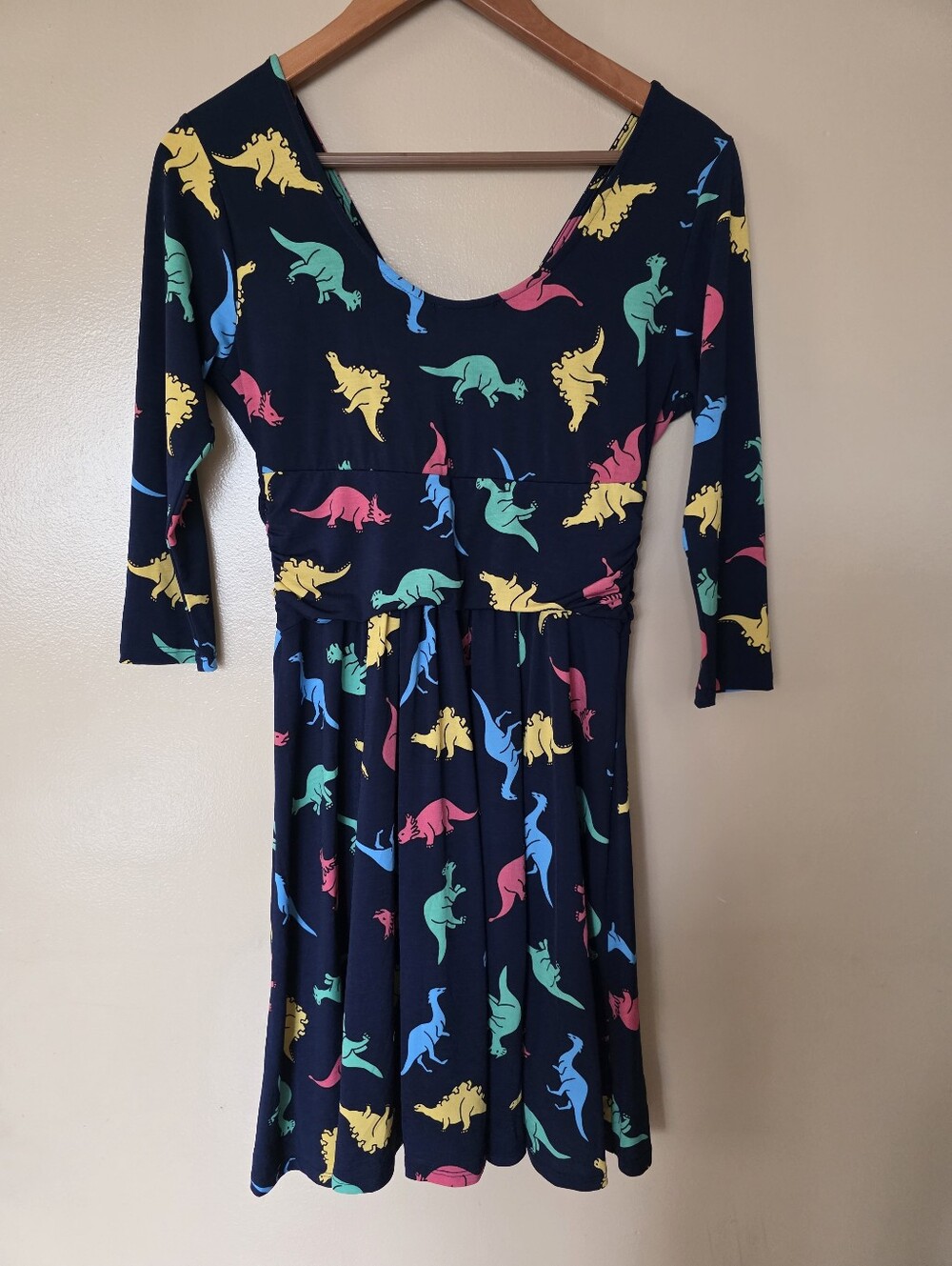 ModCloth Jessy B Dinosaur Print Novelty Empire Waist Dress M Faux Wrap Whimsical - Picture 6 of 12